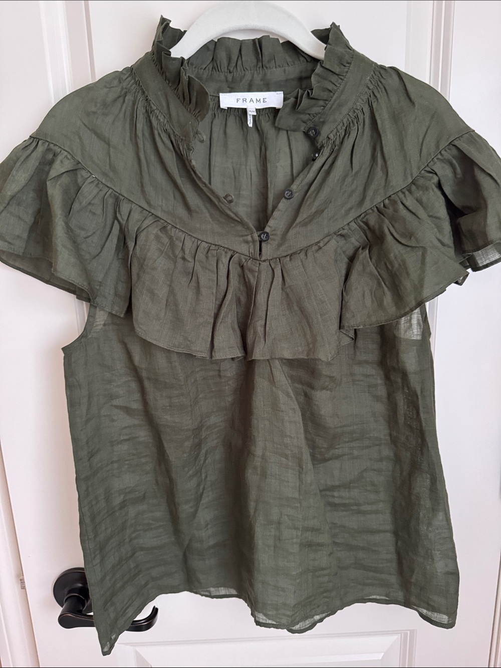 Frame Denim Olive Ruffle Linen Blouse